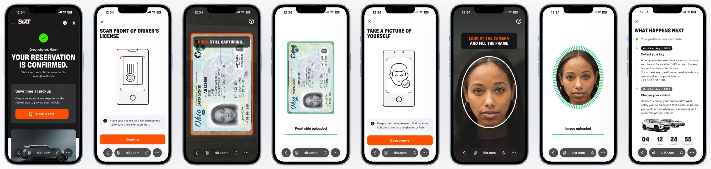 Eight mobile screens in sequence: booking confirmed, scan the front of the licence, capture in progress, front side uploaded, take a picture of yourself, selfie capture, profile complete, and what happens next at pickup